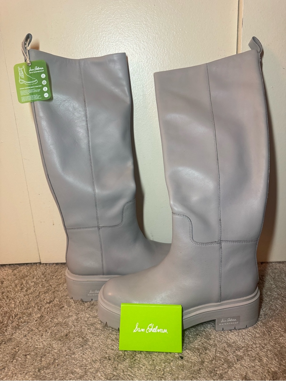 Sam Edelman Larina Pebble Grey Tall Leather Platform Knee Boots Size 8.5
